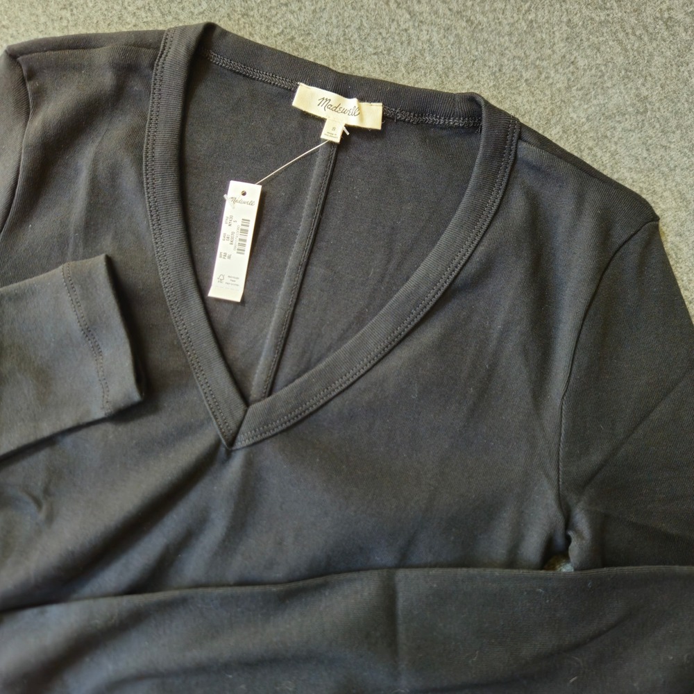 New! Madewell 90s V-Neck Long-Sleeve Compact‎ Cotton Tee Black Size S NWT